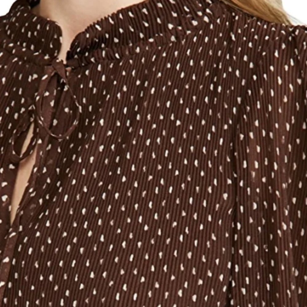 GANNI Blouse Pleated Georgette Dotted Heart Blouse Brown